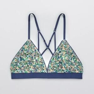 Aerie Sz M Mesh Ruffle Strappy Triangle Bralette Blue Green Floral NWT